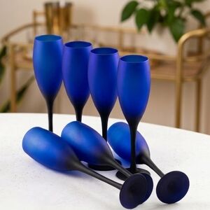 Vintage Frosted Cobalt Blue Champagne Flutes Black Stem Set of 7 MCM Aesthetic